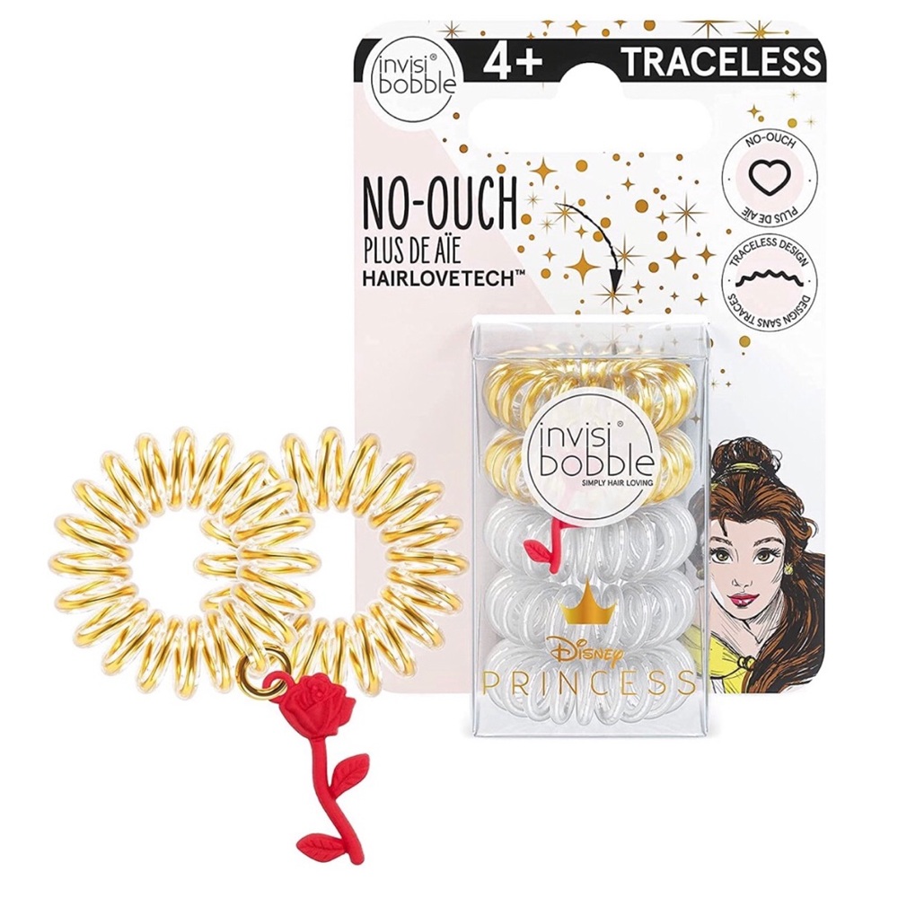 3/$15 NEW INVISIBOBBLE Disney Princess Belle Spiral Hair Ties Rings 5-pc